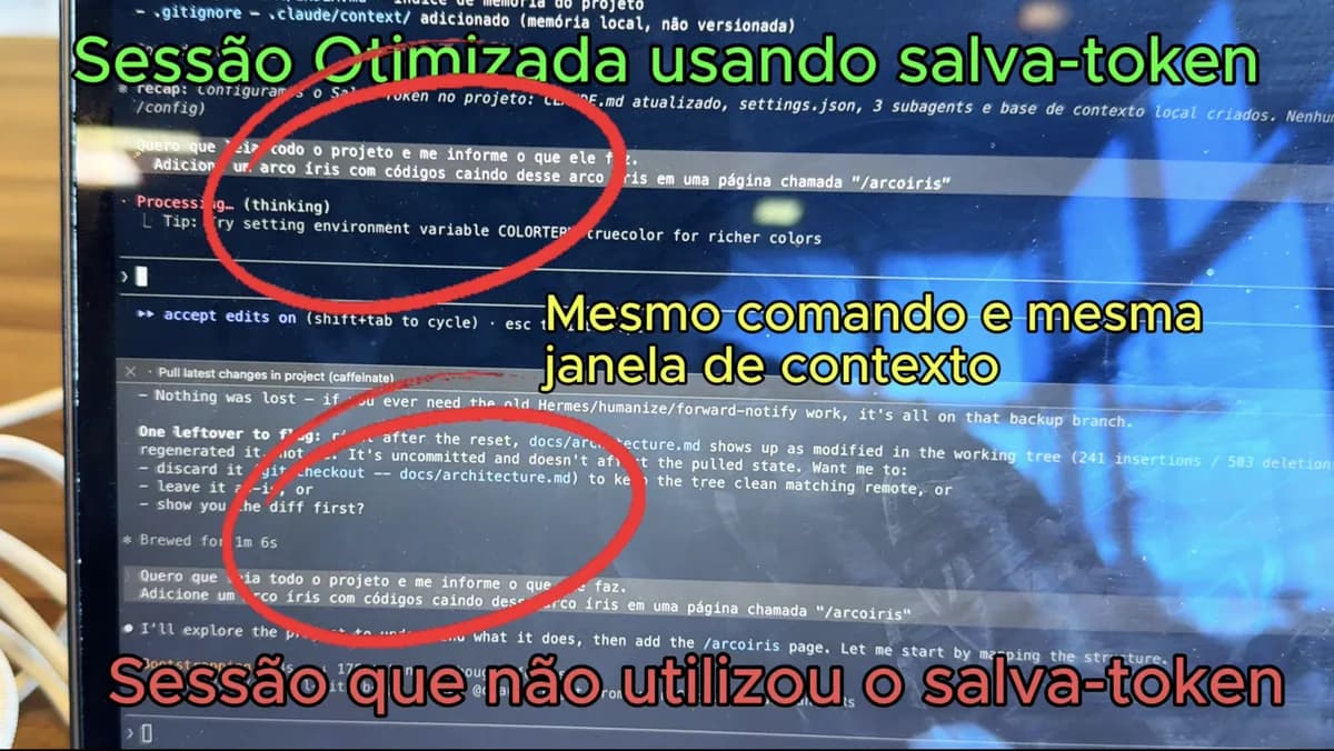 Sessão real do Claude Code mostrando economia de tokens — captura 1