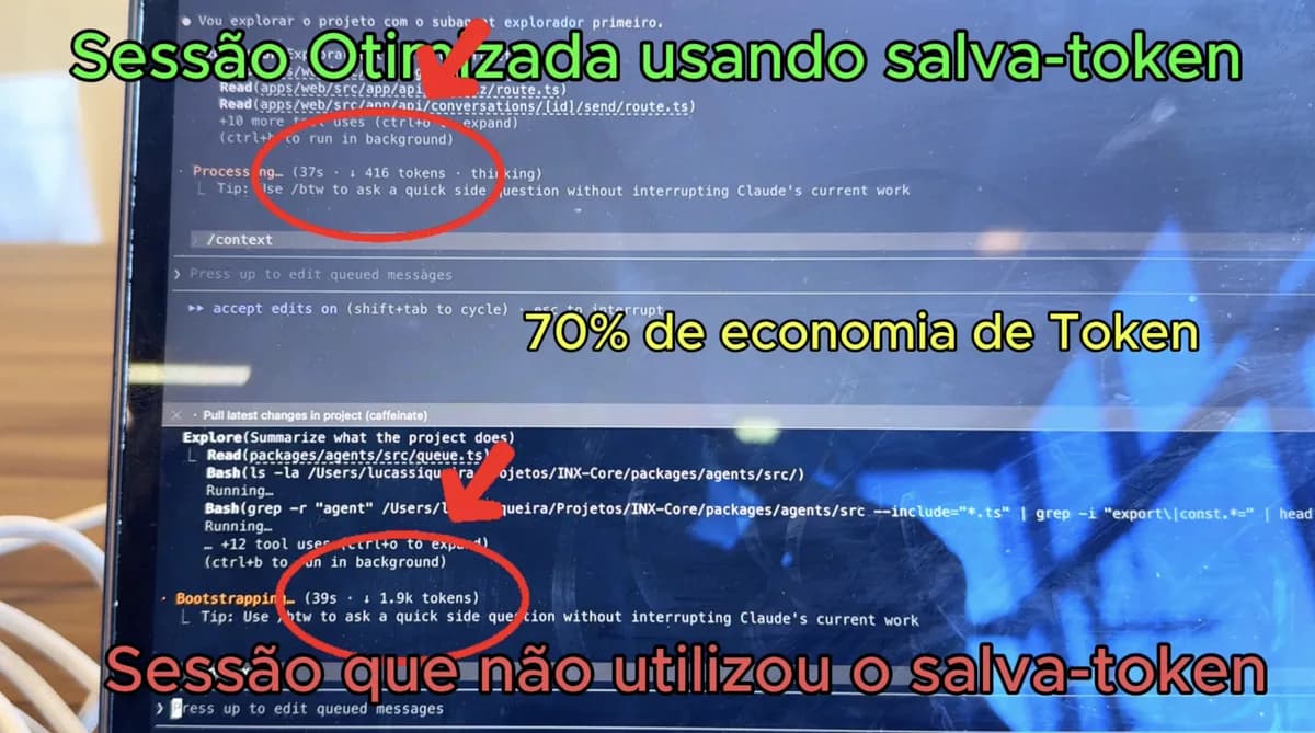 Sessão real do Claude Code mostrando economia de tokens — captura 2